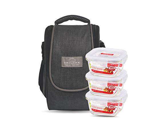 LocknLock Glass Lunch Box with Lunch Bag | (300ml set x of 3 Piece) Grey