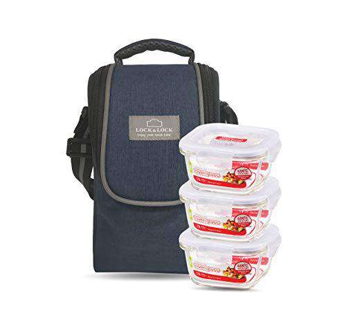 LocknLock Glass Lunch Box with Lunch Bag | (300ml x Set of 3 Piece) - Blue (Square)