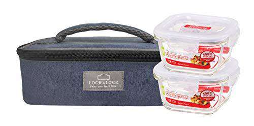 LocknLock Glass Lunch Box with Lunch Bag | ( 300ml x Set of 3 Piece)  Blue