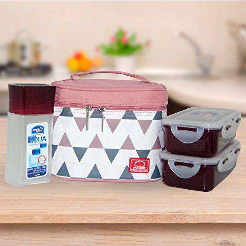 LocknLock Plastic Lunch Box Set with Bag, 3-Pieces, Pink