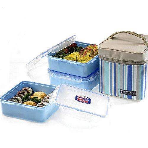 LocknLock Plastic Lunch Box Set with Insulated Stripe Bag, 3 Pieces, Blue