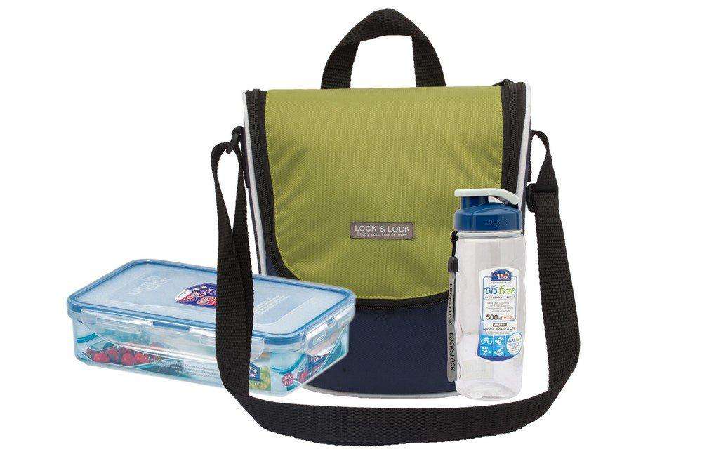 LocknLock Plastic Sling Lunch Box with Bag Set, 2-Pieces, Blue/Green