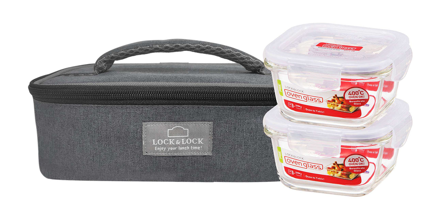LocknLock Glass Lunch Box with Lunch Bag, 380ml, Set of 2, Grey