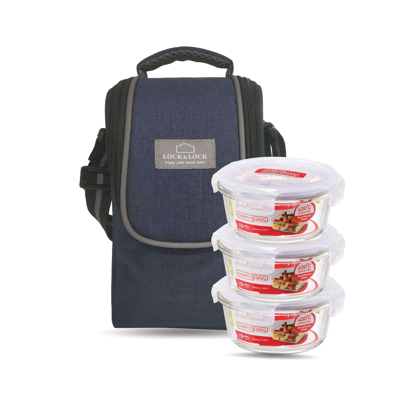 LocknLock Glass Round Lunch Box with Lunch Bag | (380ml x Set of 3 Piece) - Blue
