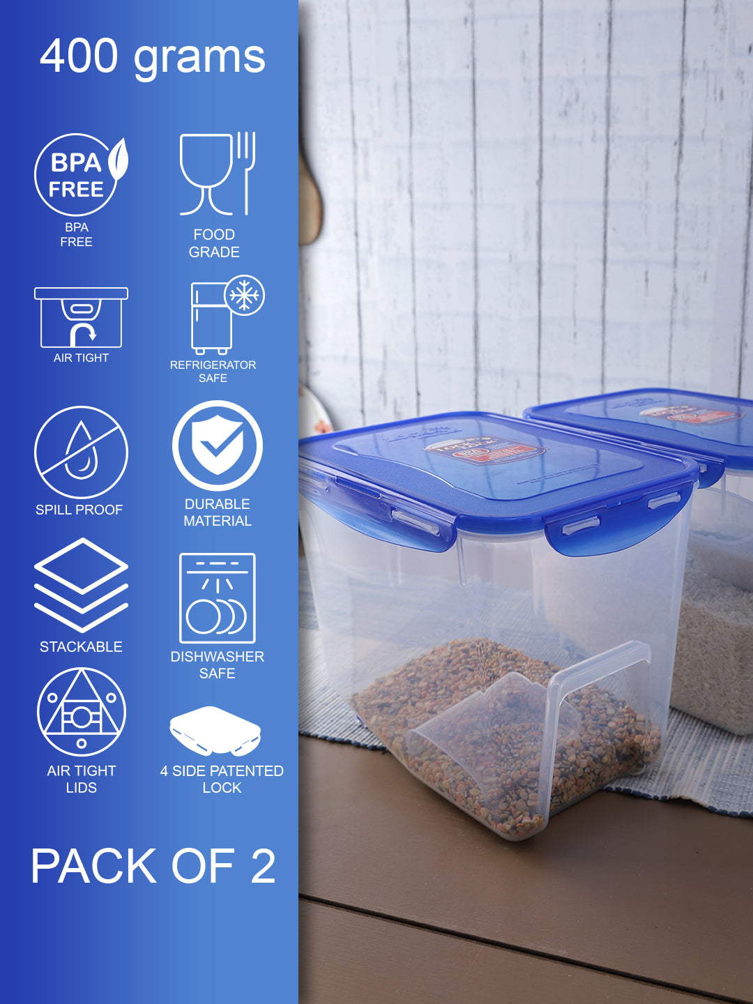 LocknLock Classics Tall Rectangular Plastic Airtight Rice Storage Container, 5 Kg, Set of 2