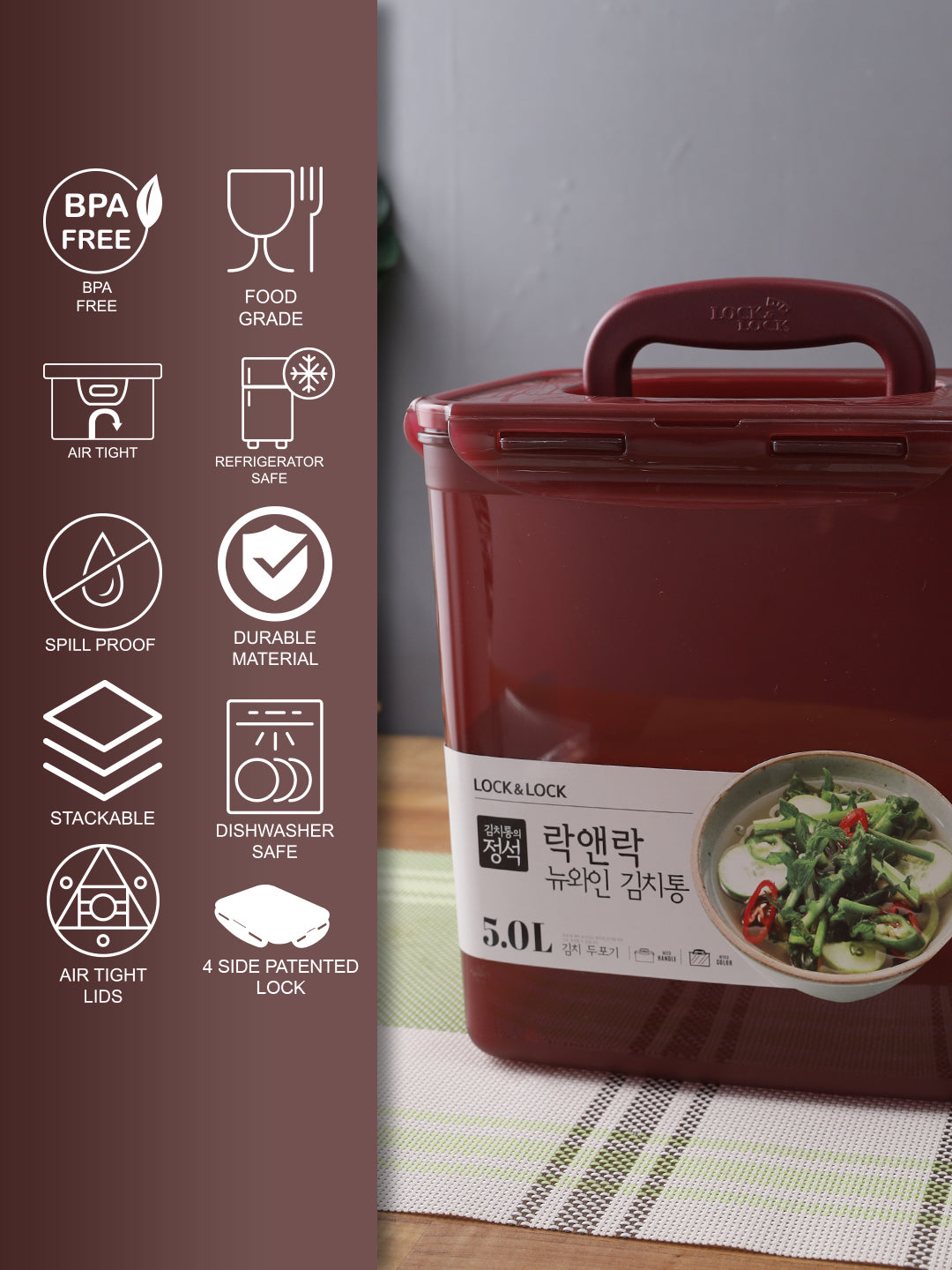 LocknLock Storage Container with Grab Handle and Tray, 5.0 LTR | Red Wine