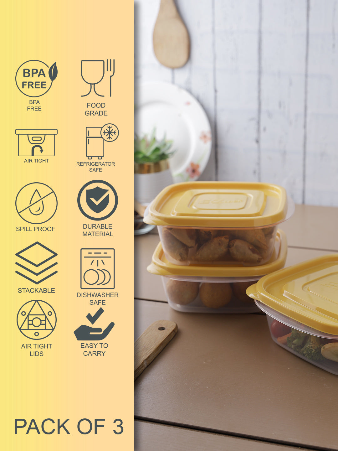 SQUARE 610ML X 3 - YELLOW SET – LocknLock India